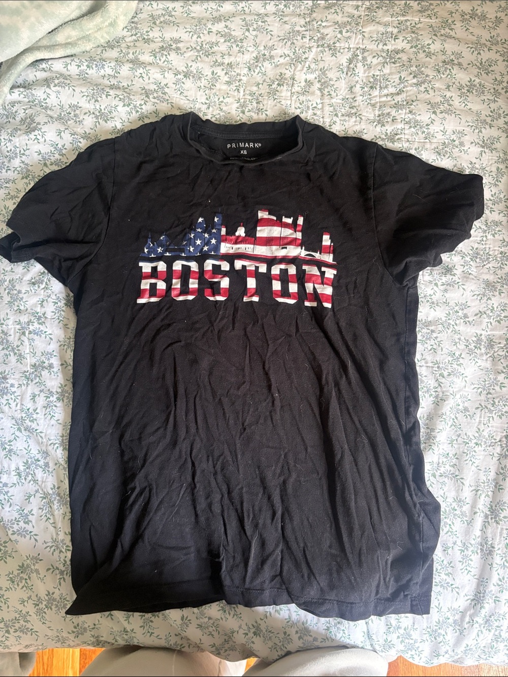 Primark Black Tee with Red, White & Blue Boston Graphic